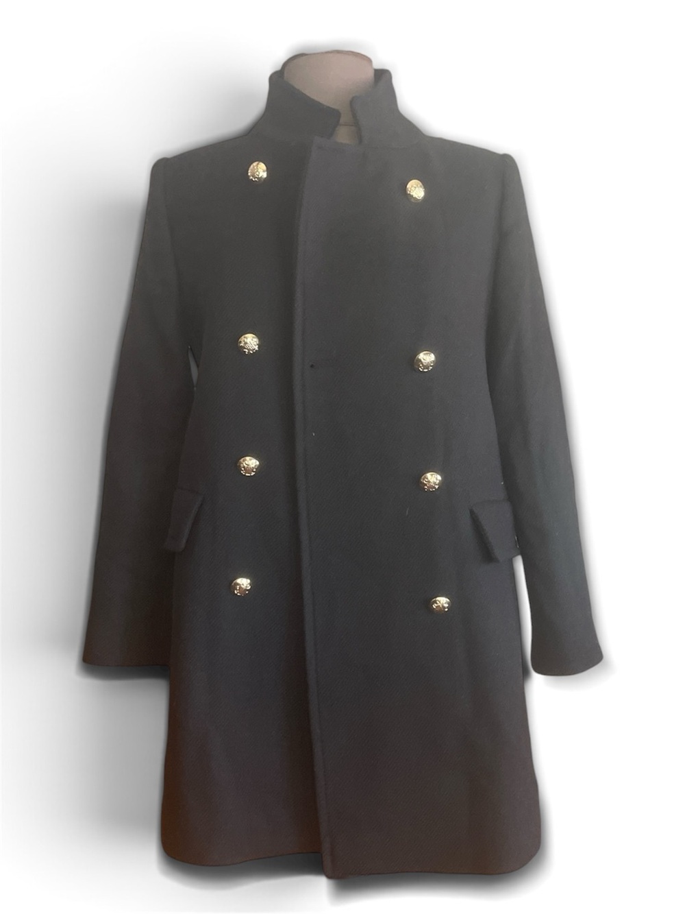 Zara Gold Buttons Double Breasted Wool Blend Coat Size M Black Colour